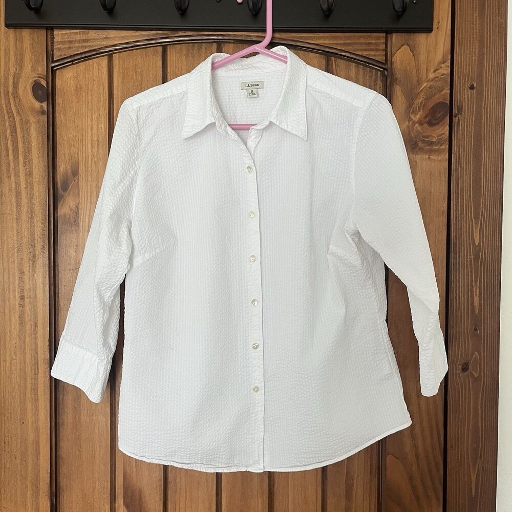 LL Bean M White Cotton Seersucker 3/4 Sleeve Button Down Blouse 254733 Coastal